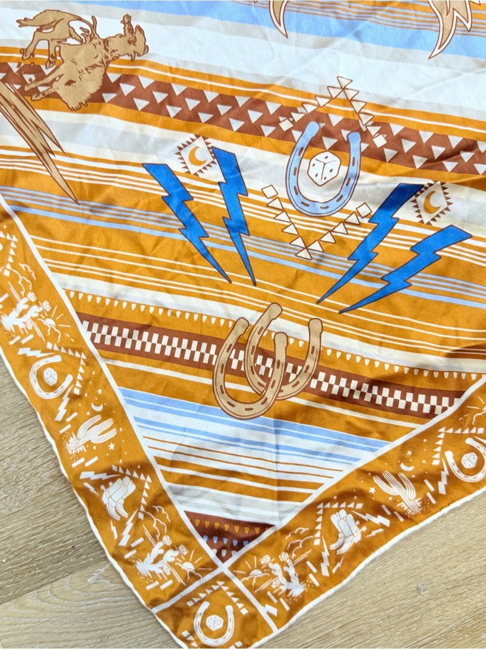 100% Silk Southwest Wild Rag Cowboy Hand Stitched Scarf Lightning Bolt Horse